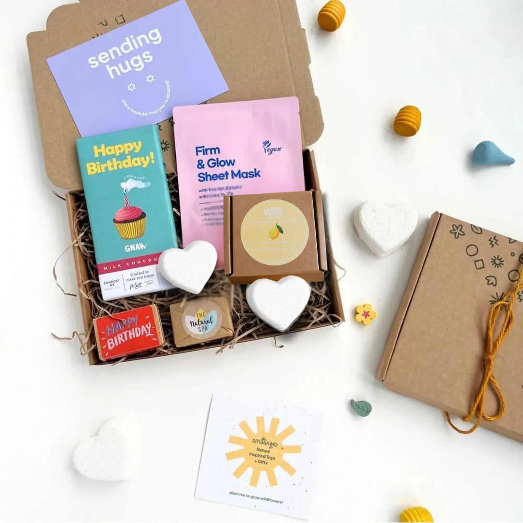 Happy Birthday Letterbox Gift set by Smallkind including mindful pampering products and treats designed to bring a moment of self care and celebration to someone special.