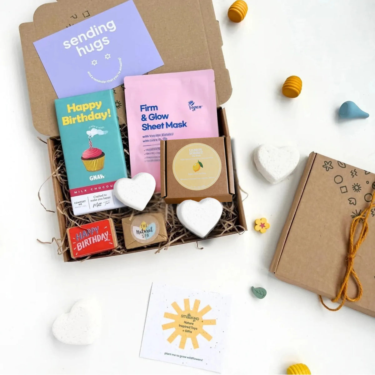 Happy Birthday Letterbox Gift set by Smallkind including mindful pampering products and treats designed to bring a moment of self care and celebration to someone special.
