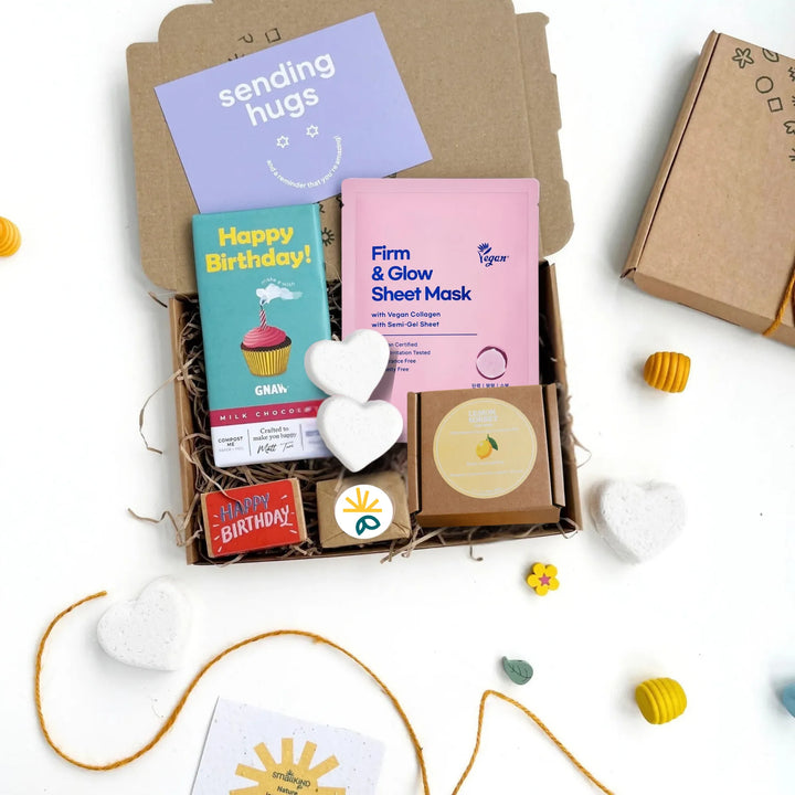 Happy Birthday Letterbox Gift set by Smallkind including mindful pampering products and treats designed to bring a moment of self care and celebration to someone special.