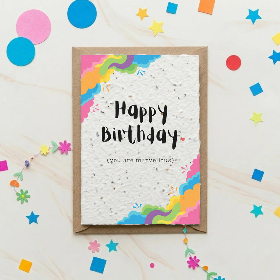 happy birthday plantable card with swirly rainbow design
