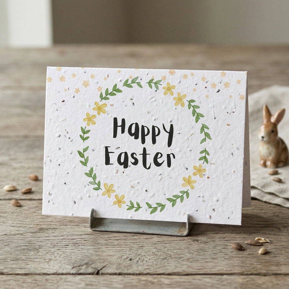 Happy easter plantable card with floral design and hand lettered style standing on a wooden table