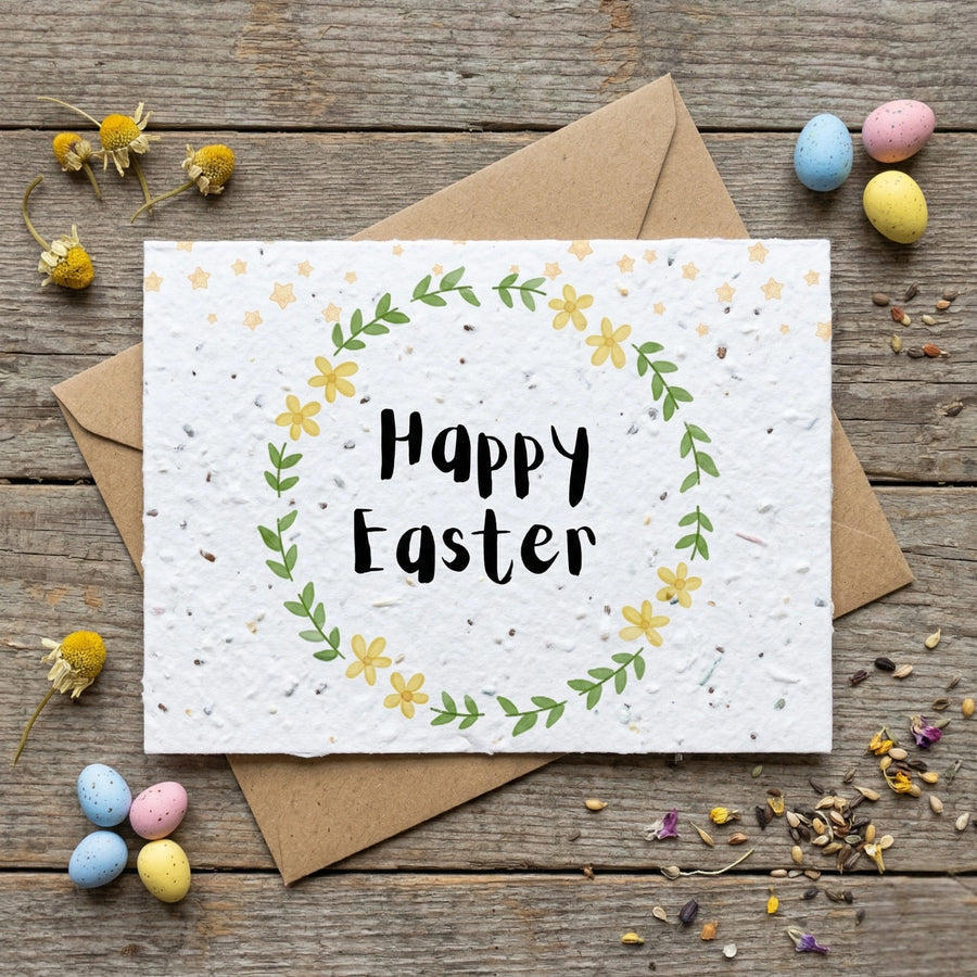 Happy easter plantable card with floral design and hand lettered style. Comes with a kraft envelope.