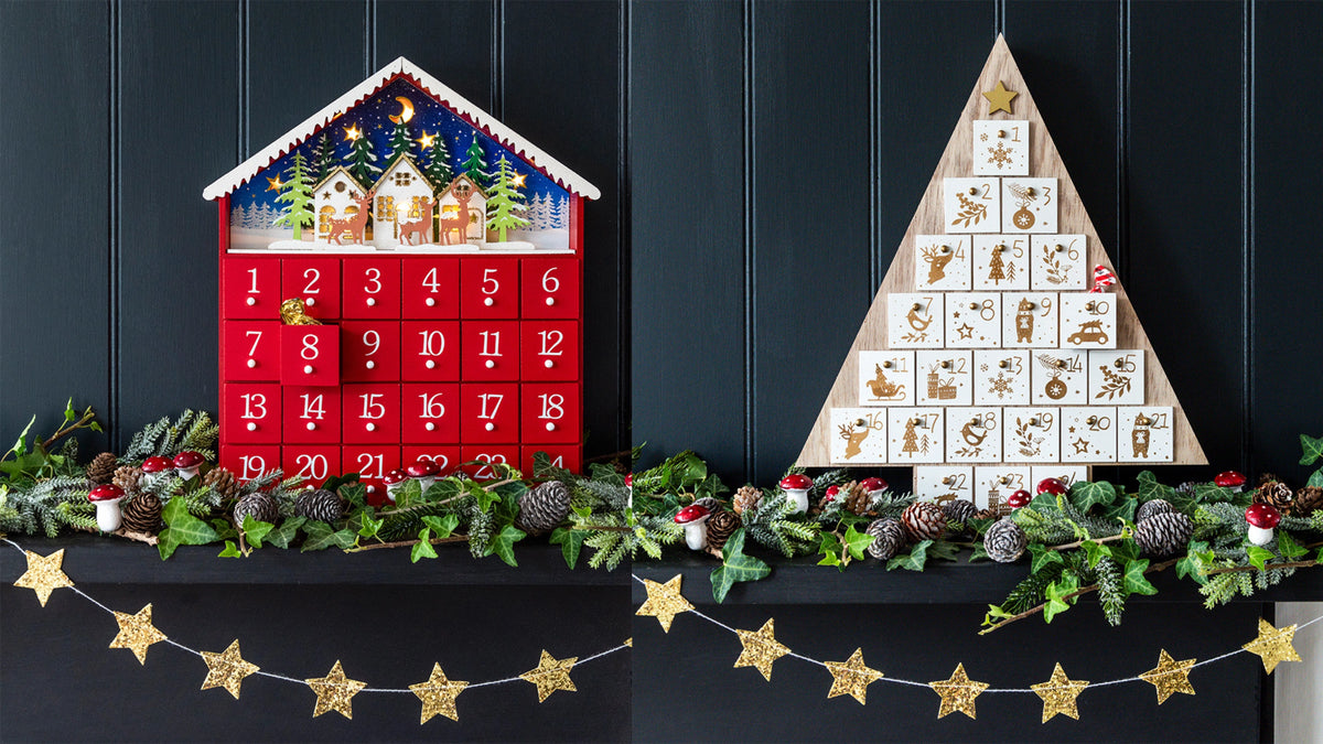 Two Christmas advent calendars on a dark background with decorative elements.