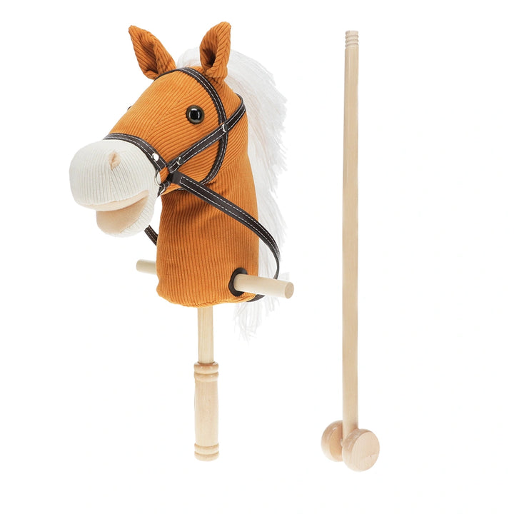 Plush hobby horse toy with wooden legs on a white background