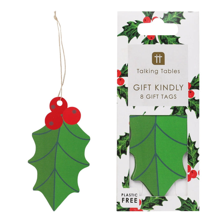Holly Christmas gift tags with red berries on a white background, featuring the brand 'Talking Tables'.
