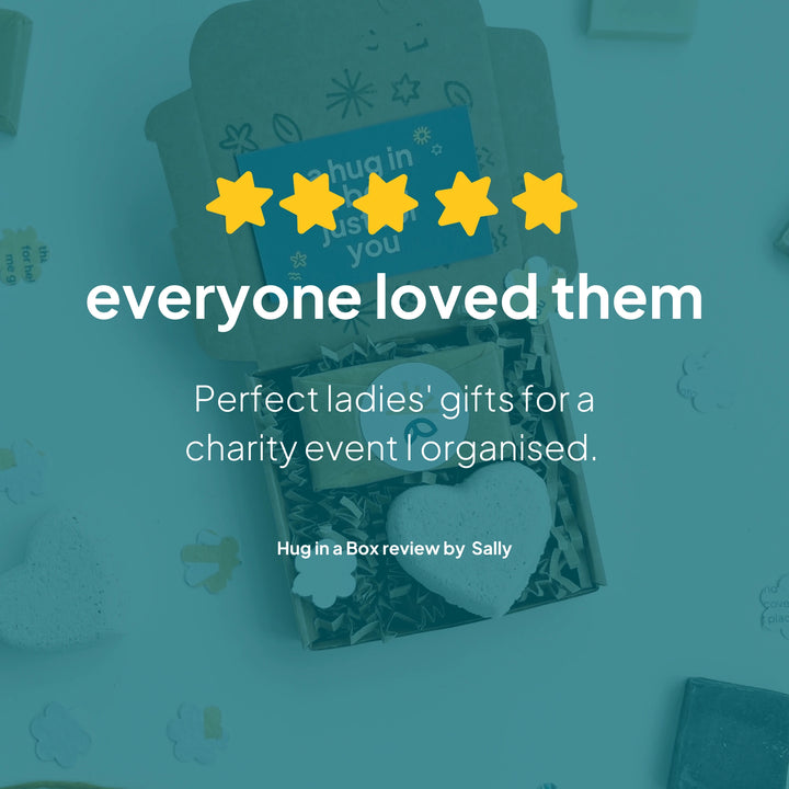 Product packaging with five-star rating and text about perfect ladies' gifts for a charity event.