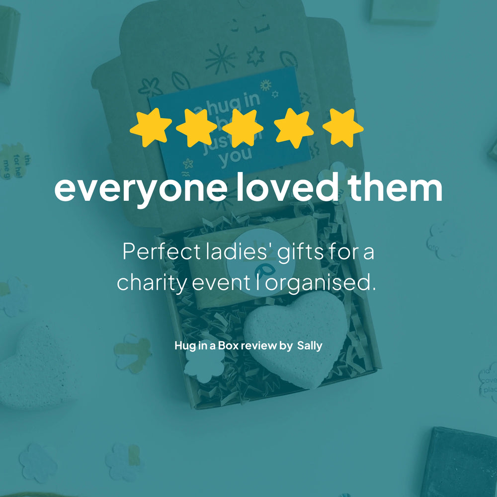 Product packaging with five-star rating and text about perfect ladies' gifts for a charity event.