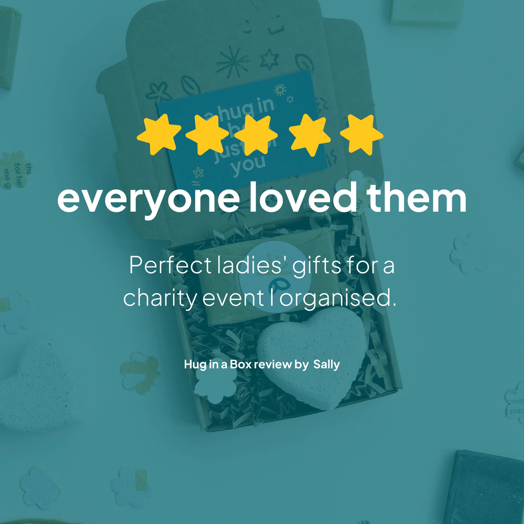 Product packaging with five-star rating and text about perfect ladies' gifts for a charity event.