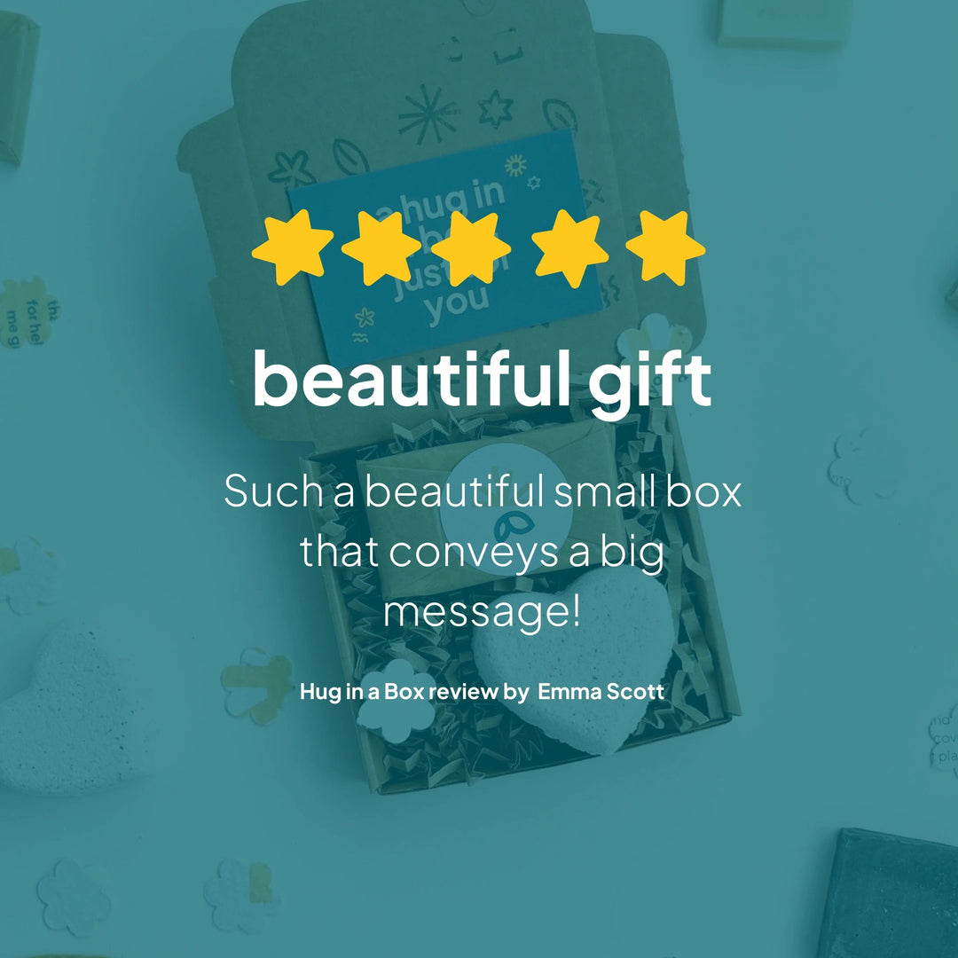 Small Hug in a box gift box with decorative elements on a teal background, featuring text - such a beautiful small box that conveys a big message - and a 5 star rating.