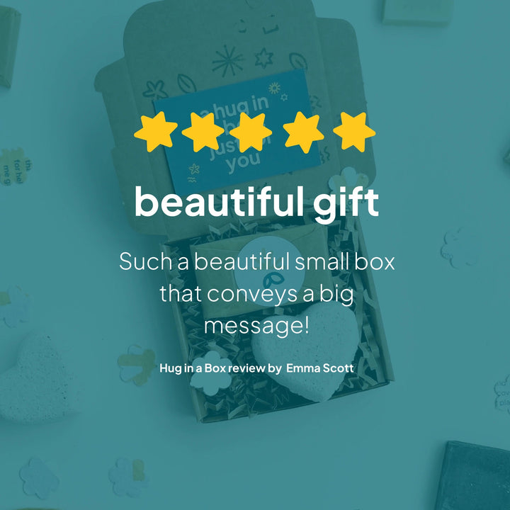 Small Hug in a box gift box with decorative elements on a teal background, featuring text - such a beautiful small box that conveys a big message - and a 5 star rating.