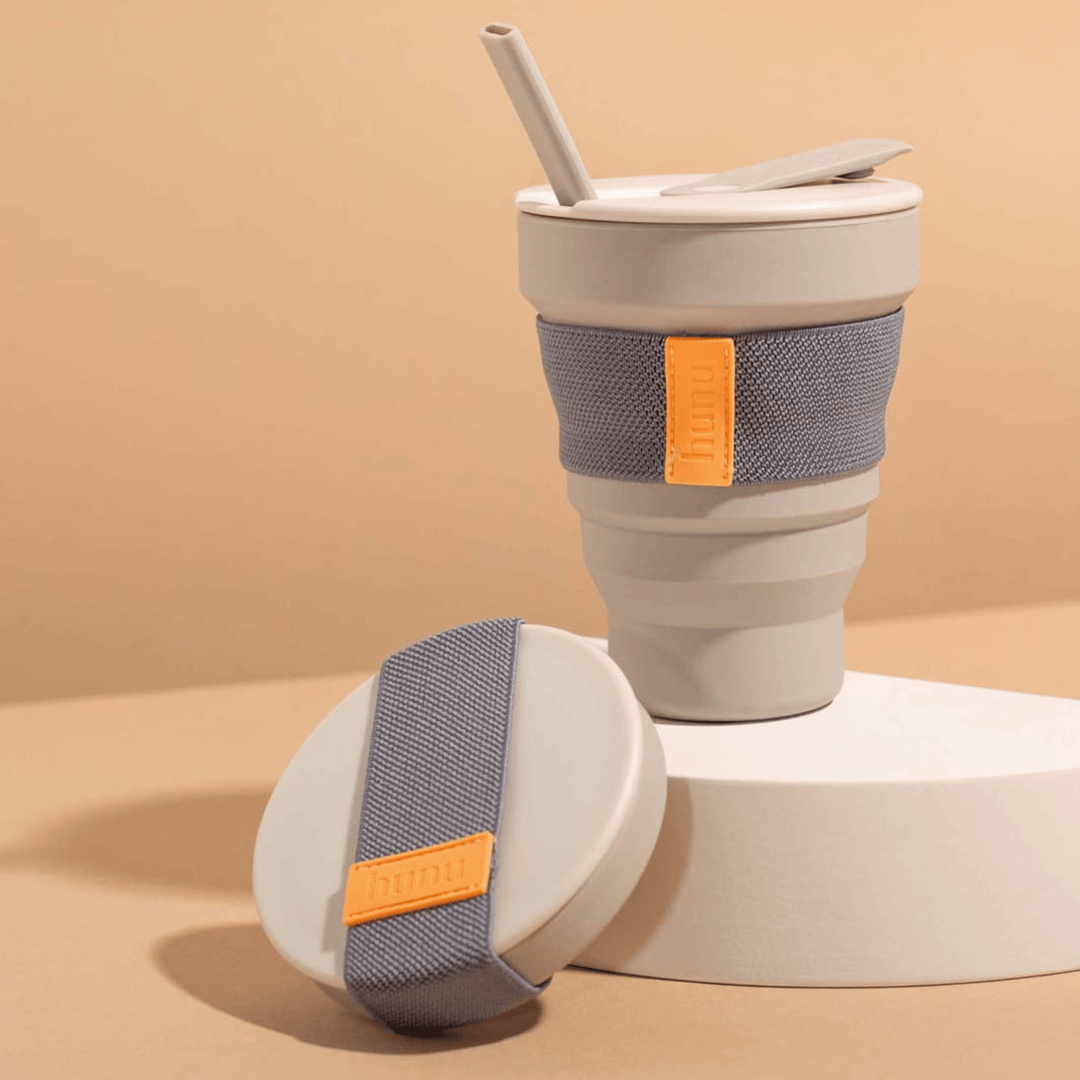Hunu Homeware > Food & Drink Containers > Insulated Coffee Cup Hunu Collapsible Silicone Travel Cup - 16oz with Straw - Warm Grey