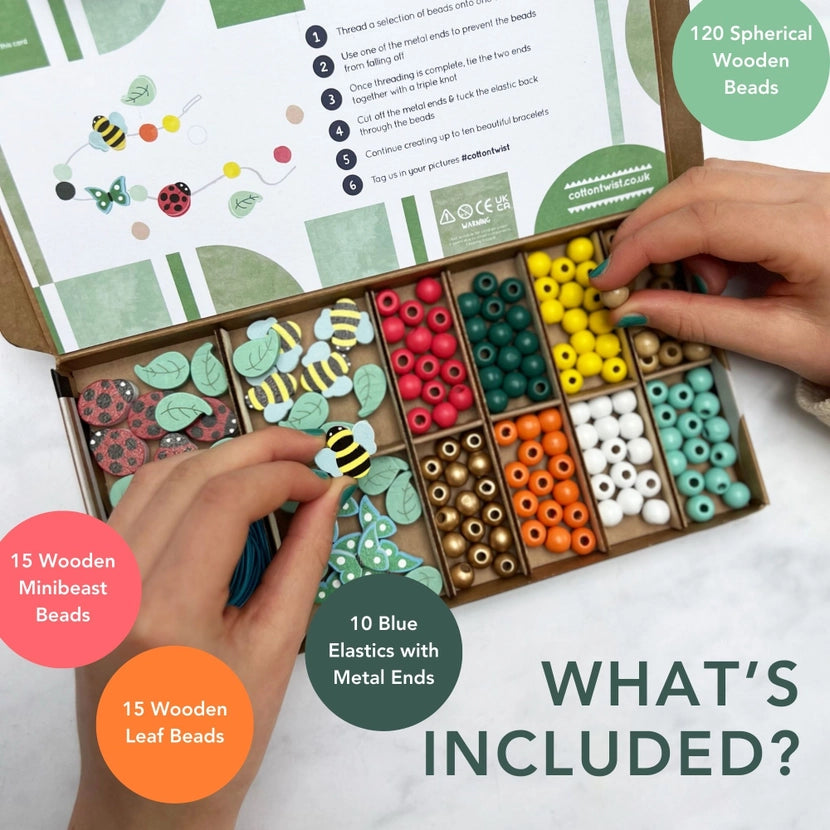 Colorful minibeast bracelet making kit  with packaging showing included items on a white background
