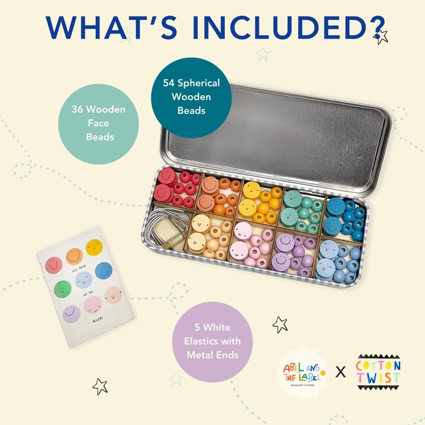 Colourful bead set in a tin with text indicating included items and brand logos.