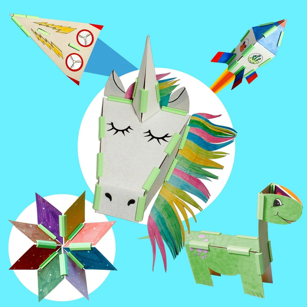 examples of rockets, unicorns head and animals made using the Junko epic cereal box creations book 