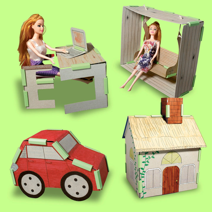 examples of dolls house furniture and cars made using the Junko epic cereal box creations book 