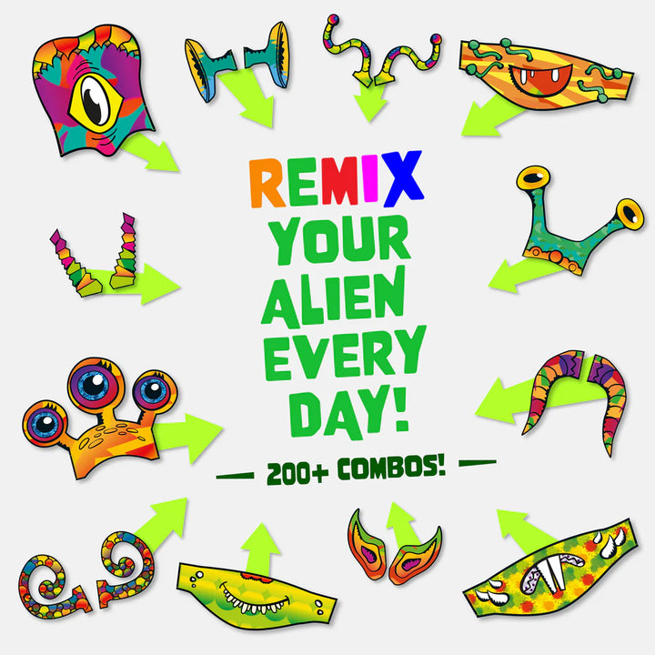 examples of colourful alien headpieces made using the JUNKO Create Your Own Alien Head Craft Kit for kids age 3+