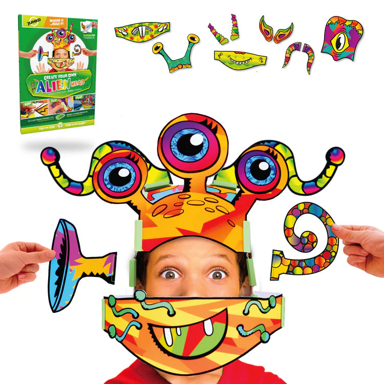 child wearing a colourful alien headpiece made using the JUNKO Create Your Own Alien Head Craft Kit