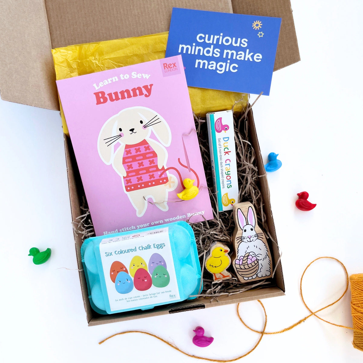 Easter Craft & Play Box: Eco-friendly kids' crafts & wooden toys. Includes sewing kit, chalk eggs, Lanka Kade figures, crayons & stickers. Perfect Easter gift!