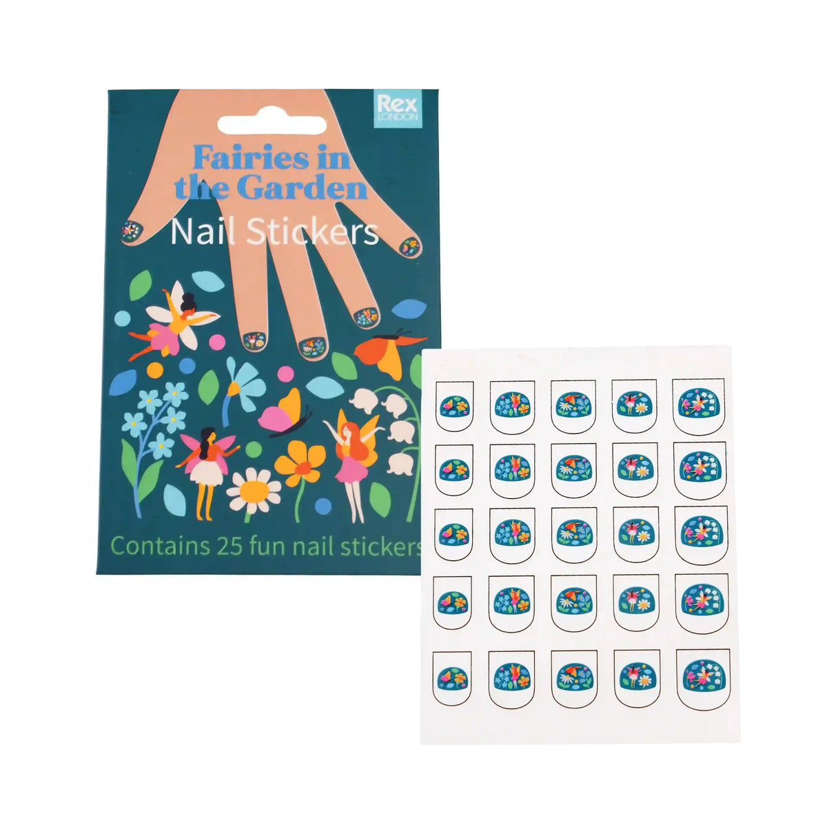 childrens nail stickers with a fairy and flowers design. Two sheets of stickers with a blue illustrated fairy envelope. 