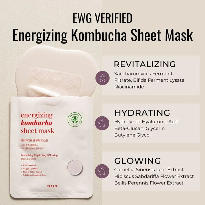 Energizing Kombucha Sheet Mask packaging shown on a light beige background with text callouts about revitalizing, hydrating, and glowing benefits. The white sachet is labeled &