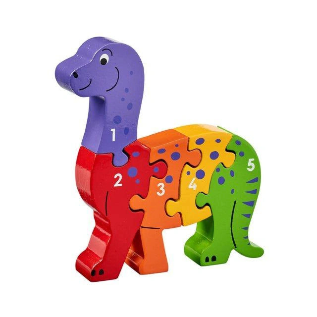 a five piece chunky wooden dinosaur puzzle with multi colour pieces numbered  to 5. made by Lanka Kade for children aged 10 months and over 