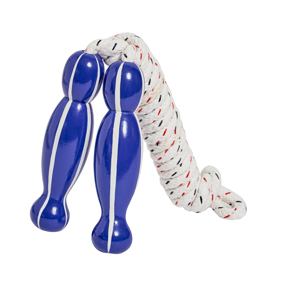childrens wooden skipping rope with purple and white striped wooden handles and a white rope. 