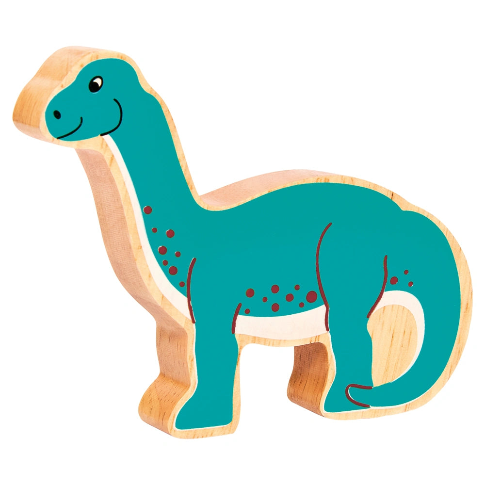 wooden diplodocus dinosaur play figure with green painted details and a natural wood grain edge. For age 10 months and over. 