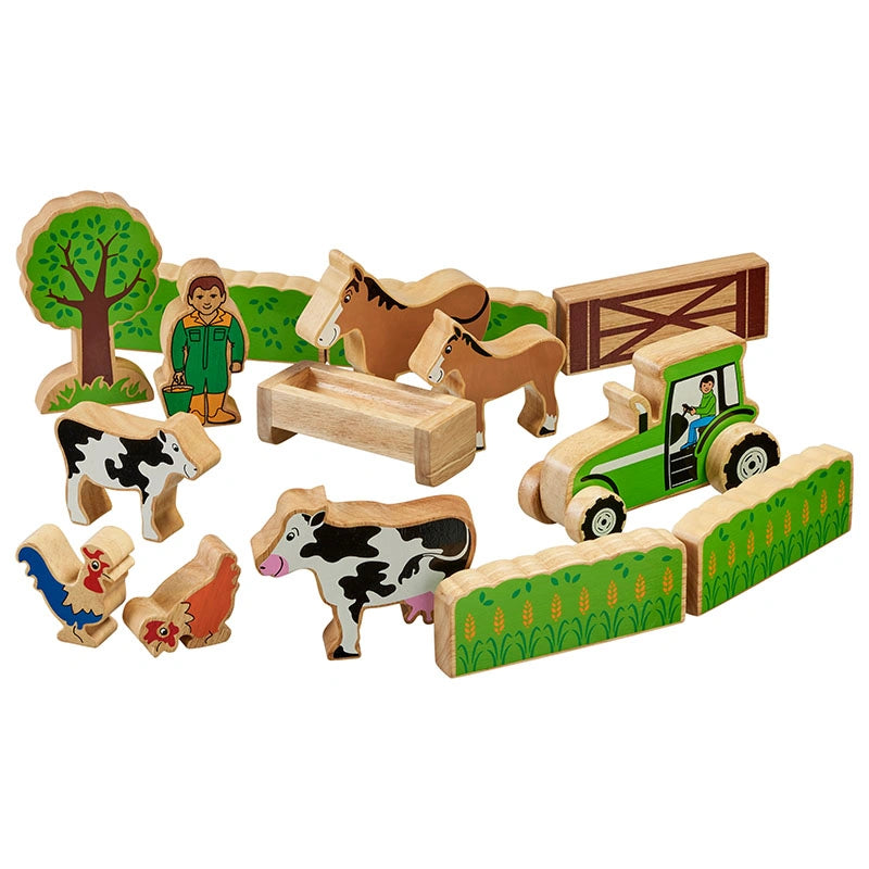 lanka kade wooden farmers field play set with wooden animals, farmer, accessories and a tractor. For age 10 months and over. 