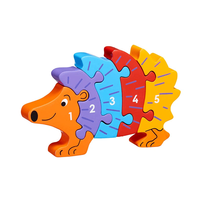 colourful wooden hedgehog puzzle with five brightly coloured pieces to make a rainbow hedgehog. The pieces are numbered 1 to 5 to help with counting. For children 10 months and over. 