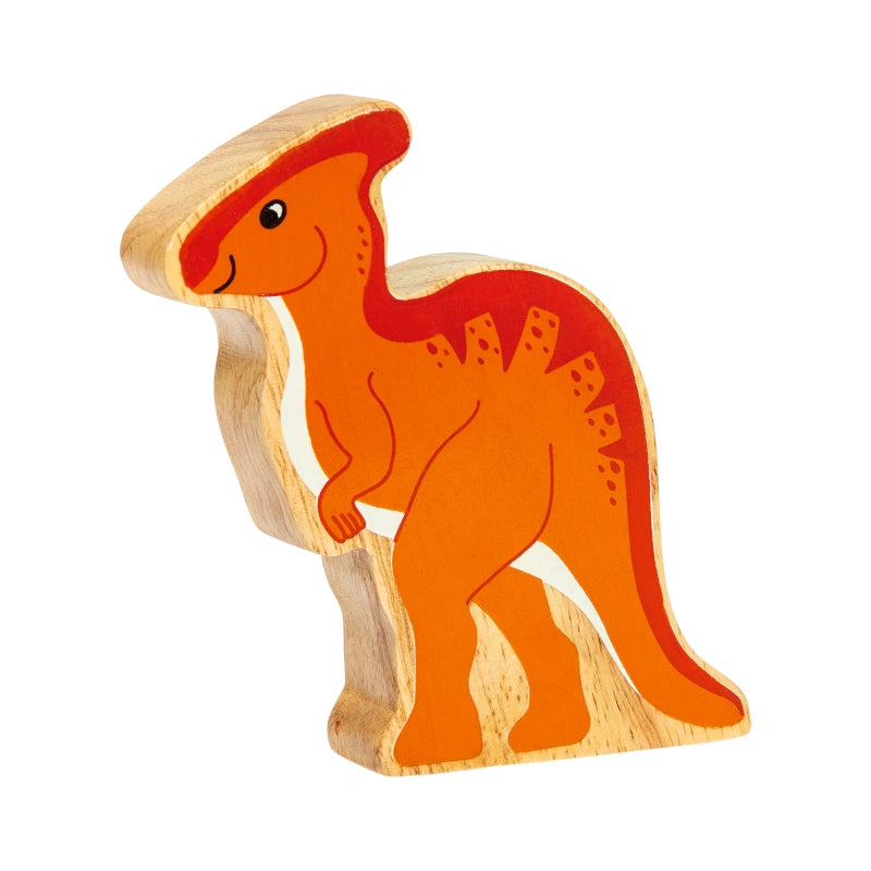 wooden parasaurolophus dinosaur play figure with orange panted details and a natural wood grain edge