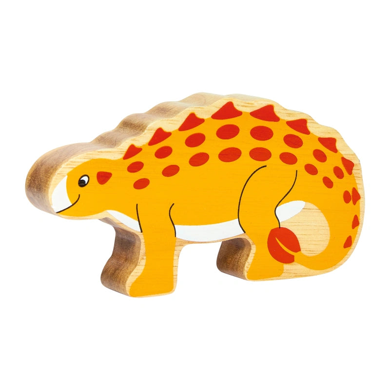 yellow and red wooden dinosaur play figure with a natural wood grain edge. 