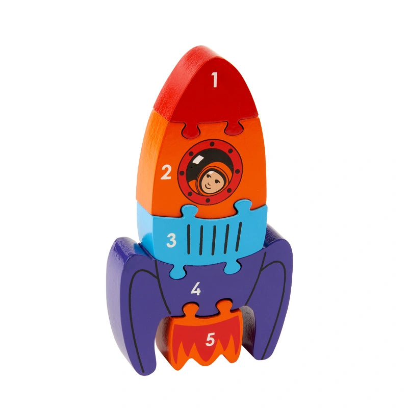 colourful wooden rocket puzzle with five brightly coloured pieces in red, orange, blue and purple. The pieces are numbered 1 to 5 to help with counting. For children 10 months and over. 