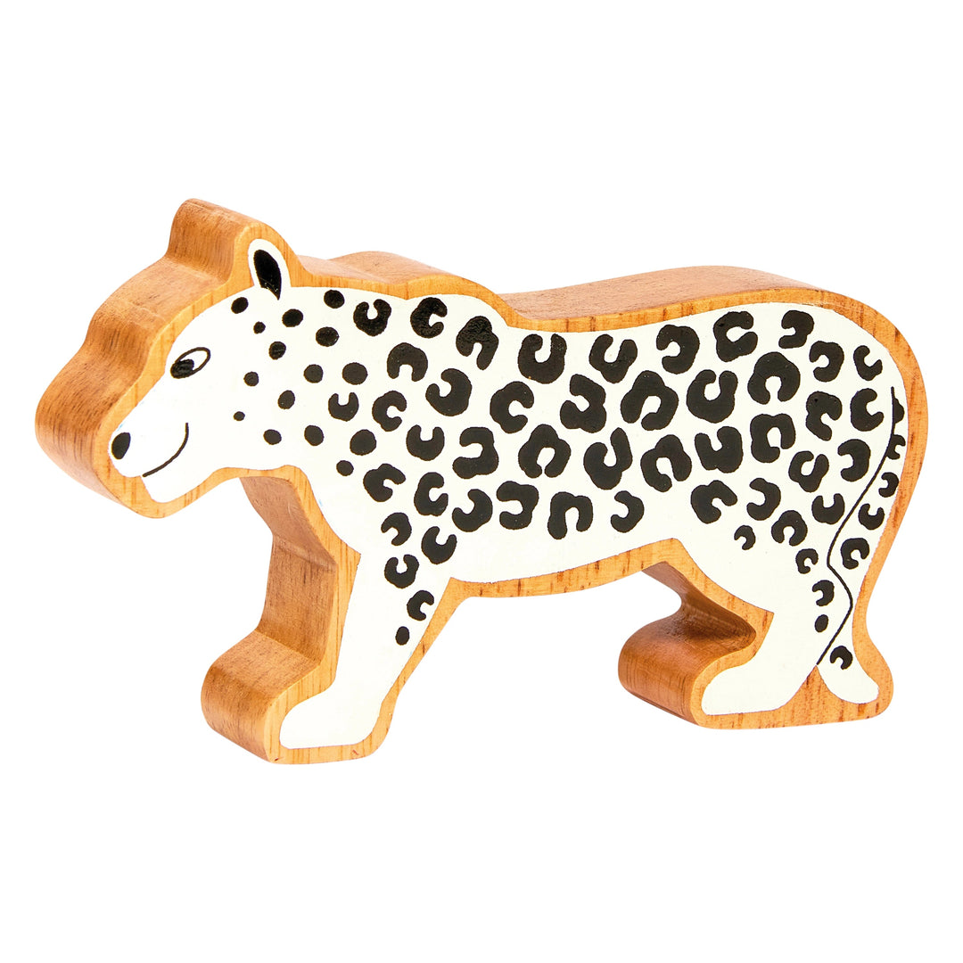 wooden snow leopard play figure for children with painted details and a natural wood grain edge. Suitable from 10 months