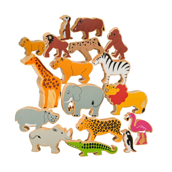 lanka kade african animals playset for children age 10 months and over. Includes wild boar, meerkat, chimpanzee, hyena, lion cub, lioness, lion, zebra, penguin, giraffe, elephant, rhino, hippo, leopard, baboon, flamingo and crocodile. Perfect for nature play and learning about conservation. 