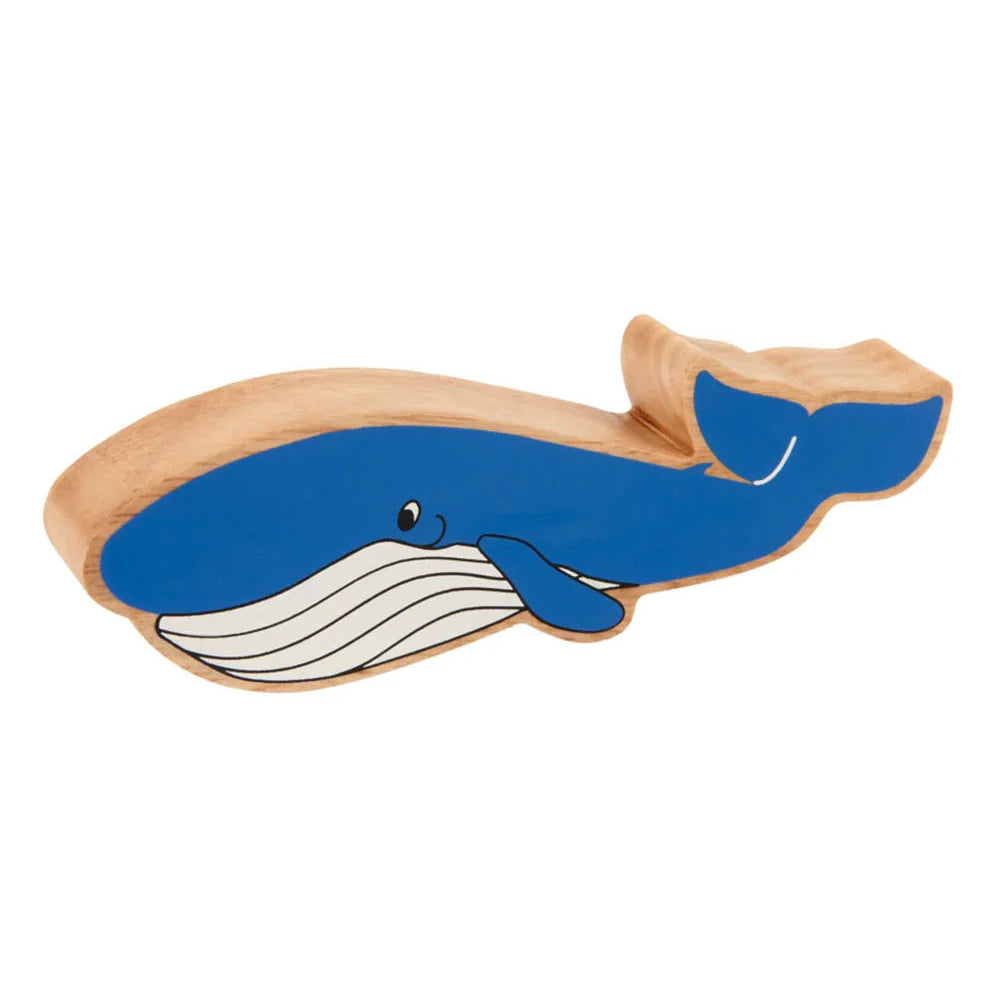 Lanka Kade Blue + White Whale wooden play figure with a natural wood grain edge. For children age 10 months and over. 