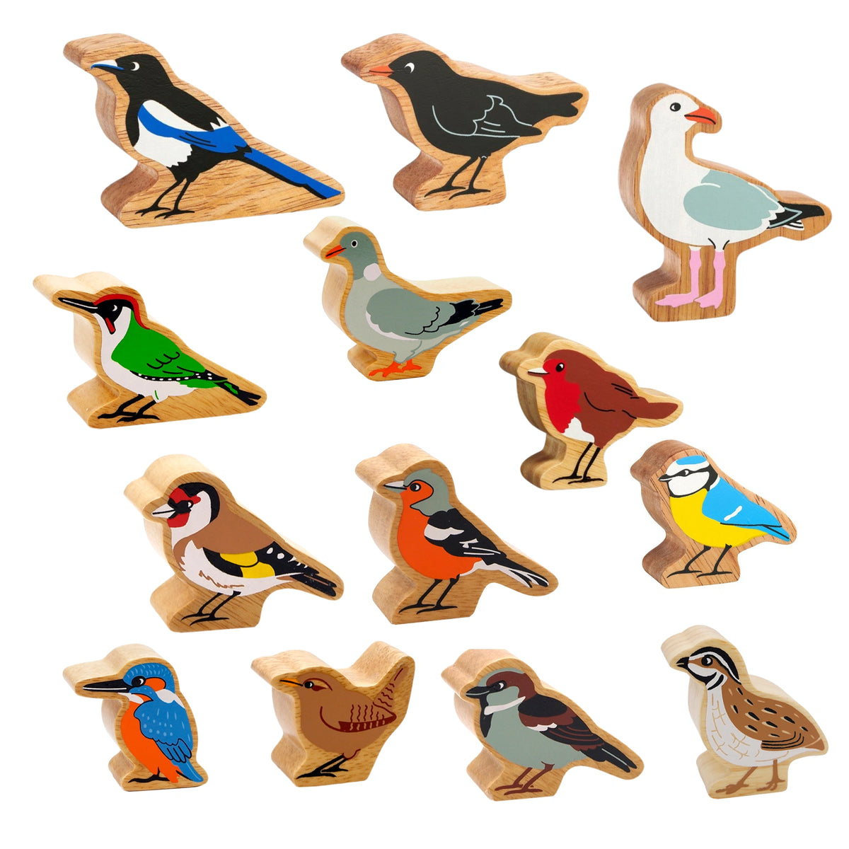 13 British bird wooden play figures including magpie, blackbird, seagull, pigeon, woodpecker, goldfinch, chaffinch, blue tit, robin, kingfisher, wren, house sparrow and quail. 