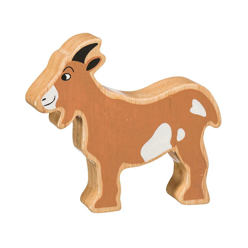 lanka kade wooden goat play figure with painted details and a natural wood grain edge. For age 10 months and over