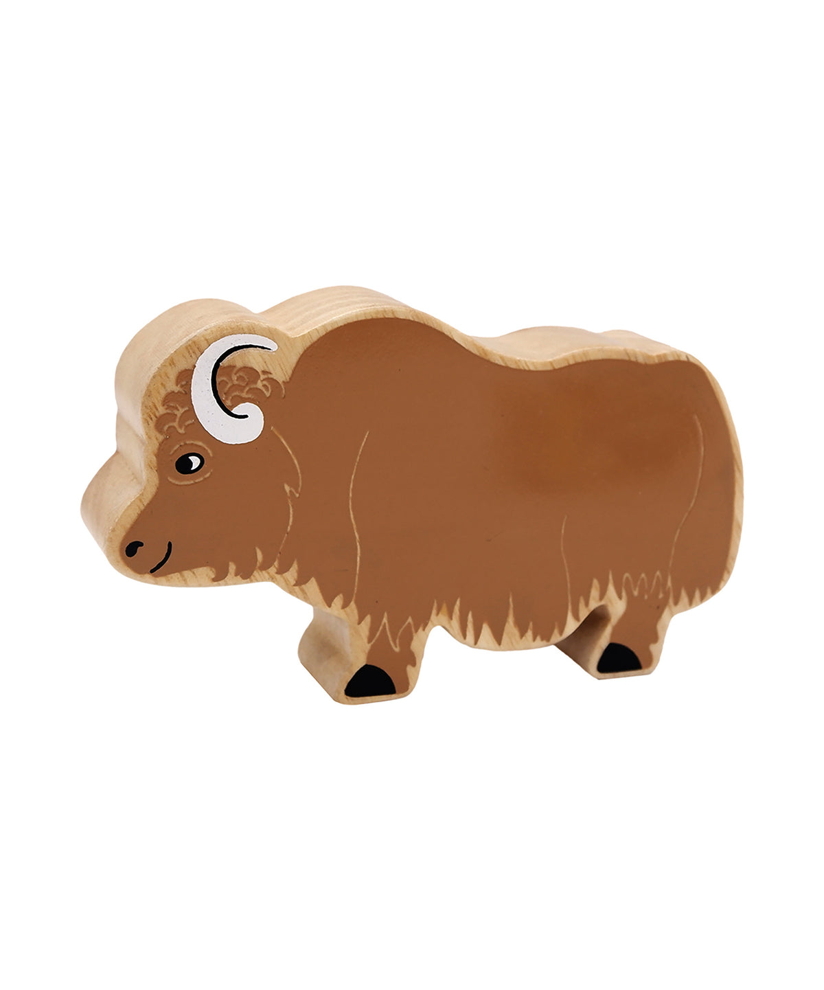 wooden yak play figure by lanka kade. It has a natural wood grain edge and painted details. 