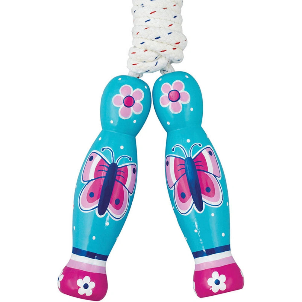 Children's jumping rope with butterfly and flower design on blue handles against a white background