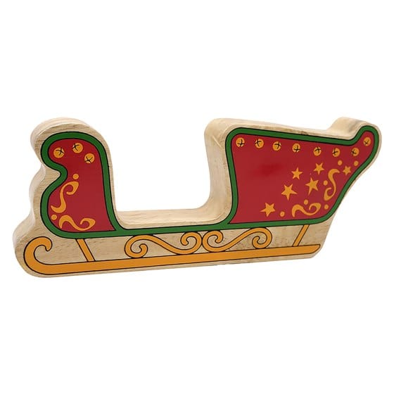 A chunky wooden sleigh with red and yellow coloring and gold stars, designed for Christmas play.
