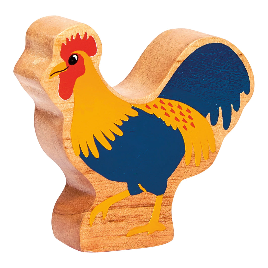 Wooden toy cockerel play figure with colourful design on a white background
