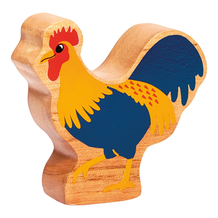 Wooden toy cockerel play figure with colourful design on a white background