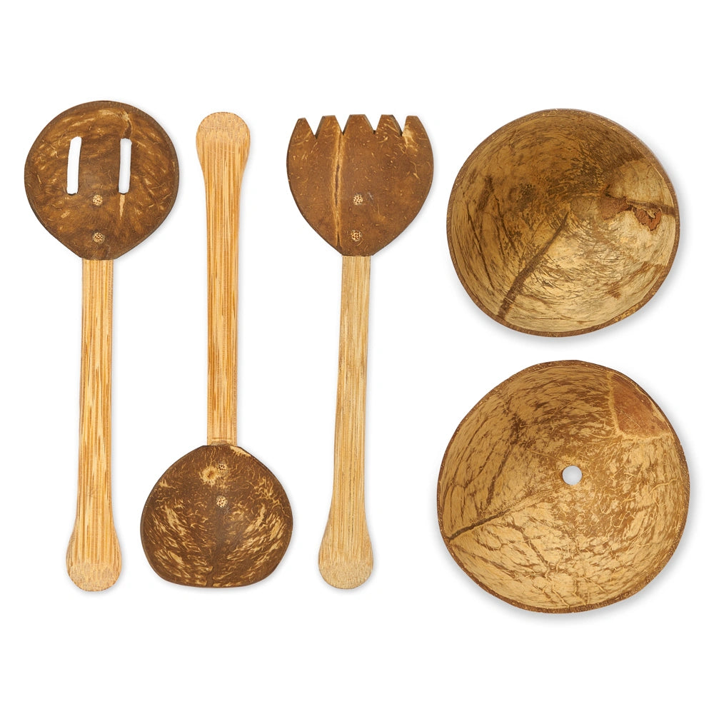 Coconut Shell Sand Playset by Lanka Kade including a spade, rake and spoon with two coconut shell bowls. Made from discarded coconut shells and natural wood. For age 3+