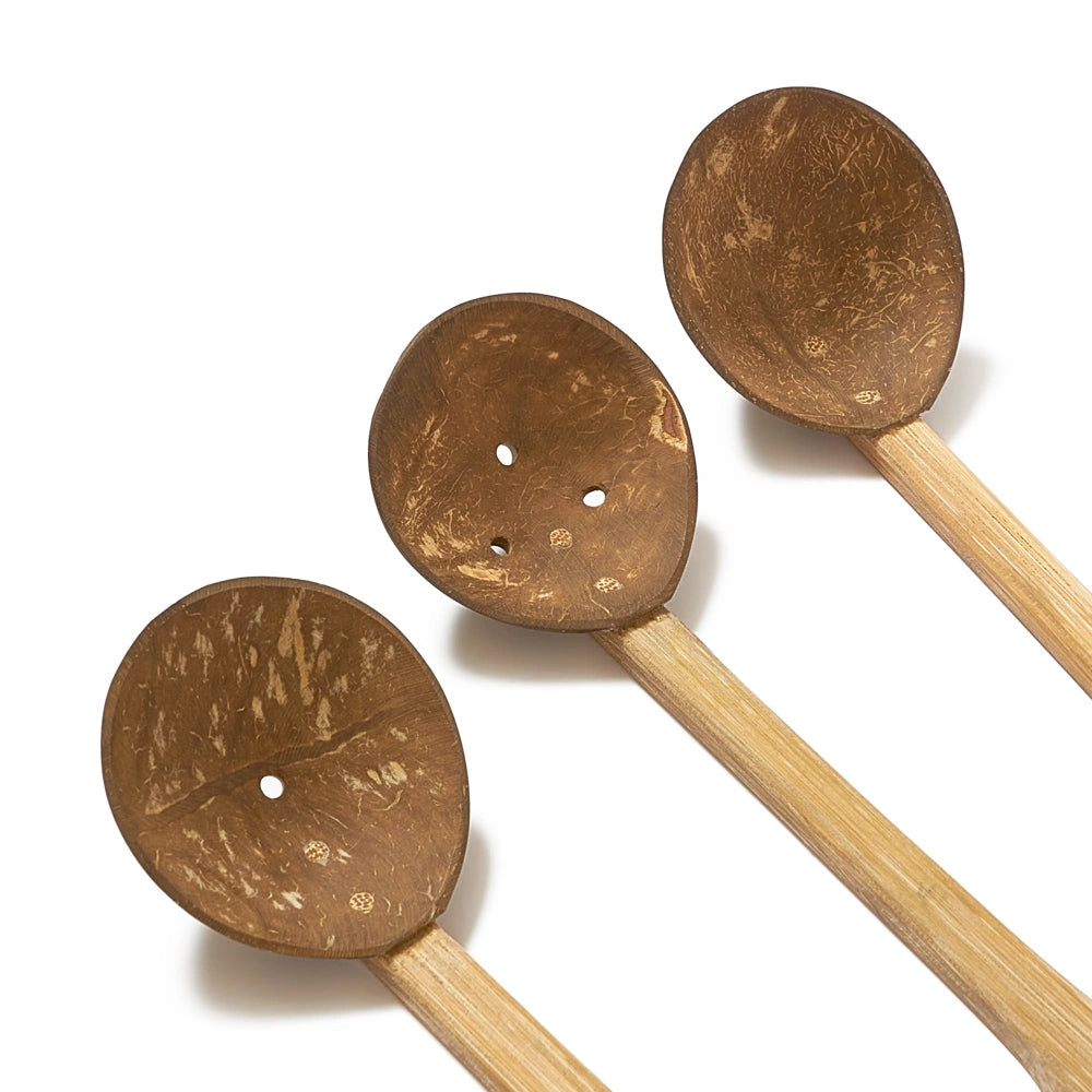 close up of lanka kade coconut shell utensils for mud kitchens, sand play and water tables. For kids age 3 and over