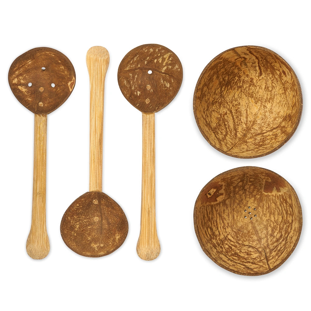 lanka kade coconut shell water play set with spoons and bowls for beach, water table and bath time play. For age 3+
