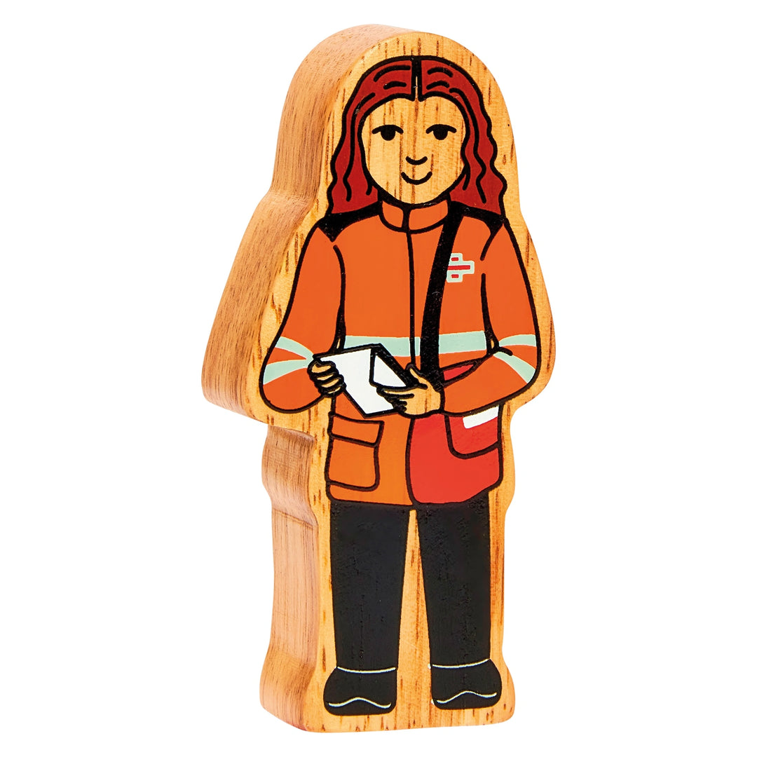 wooden delivery woman play figure with painted details and a natural wood grain edge. for age 10 months and over. 