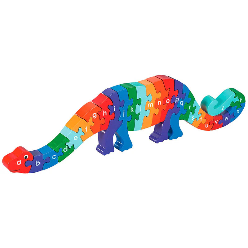 Colorful dinosaur-shaped puzzle toy with letters on a white background