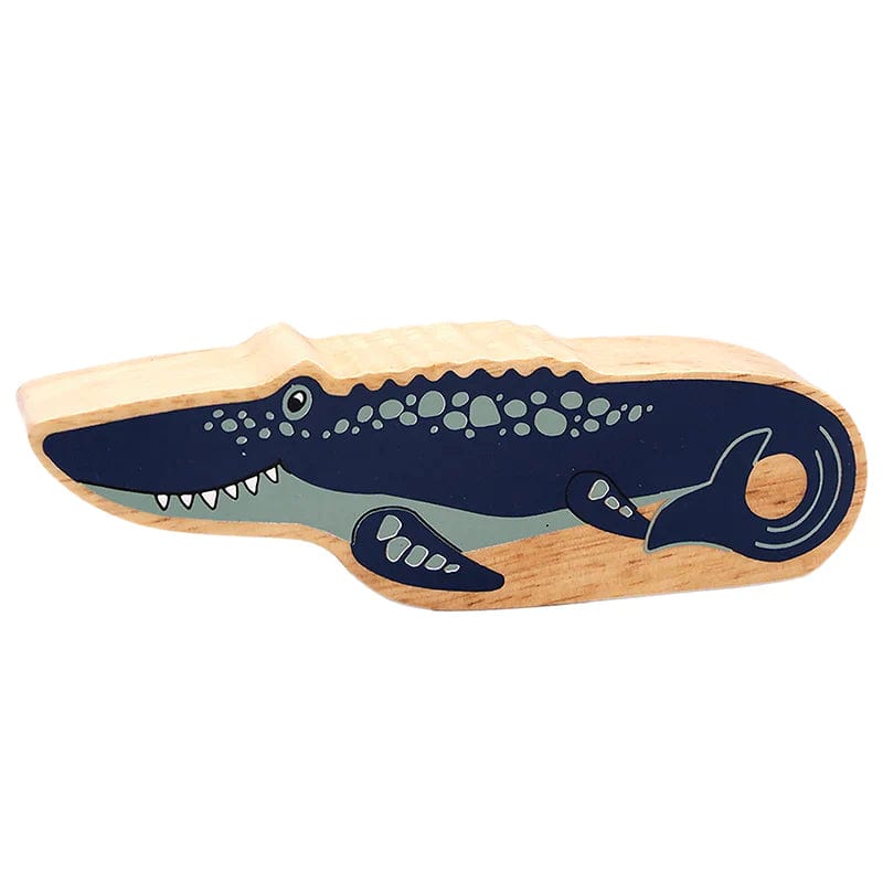 A wooden dinosaur figure with blue accents and a natural wood-grain edge on one side.
