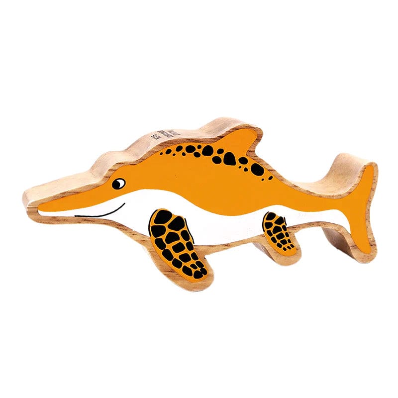 yellow ichthyosaur dinosaur wooden play figure with painted details and a natural wood grain edge. 