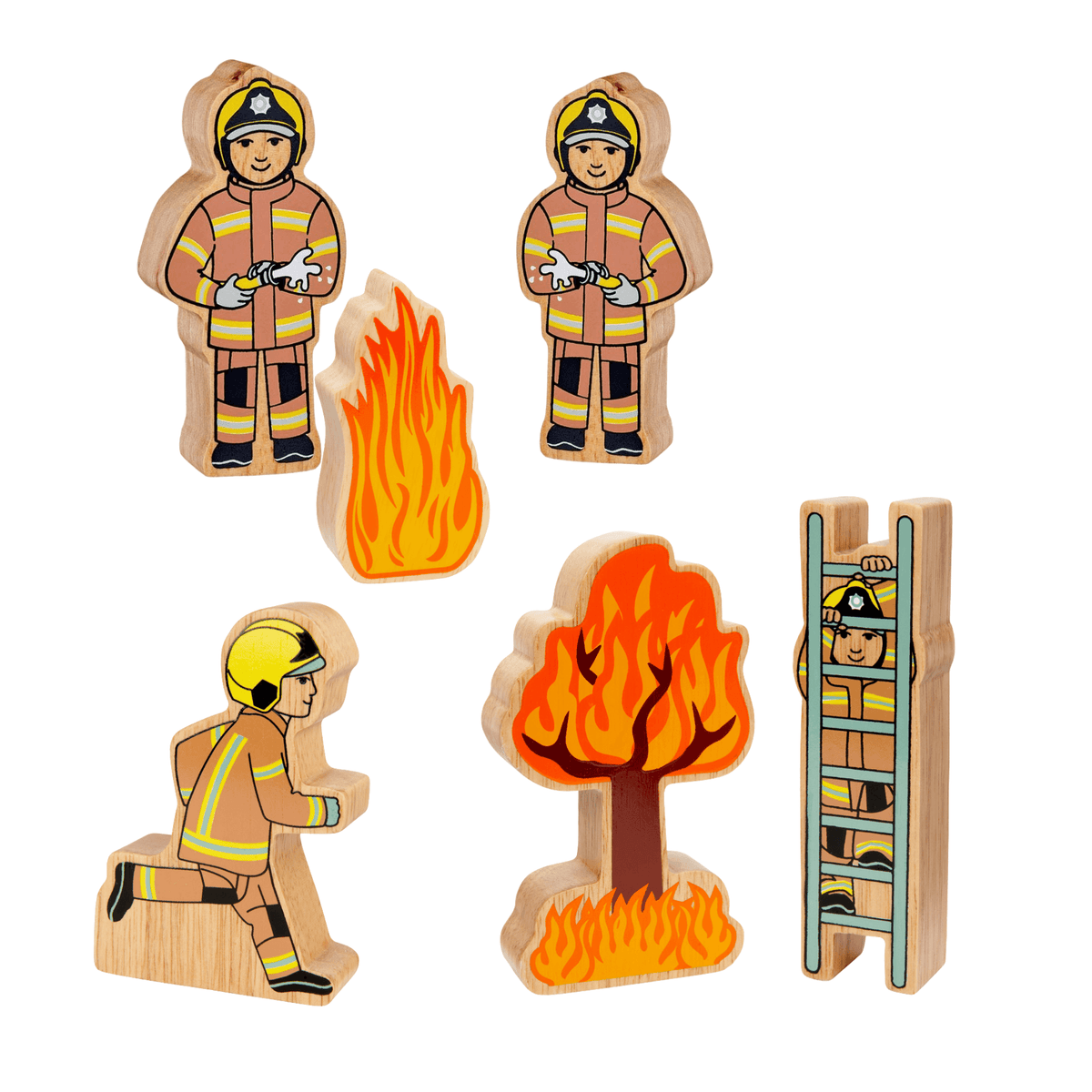 A collection of wooden fire and rescue figures, including two firefighters, a firefighter on a ladder, a running firefighter, a wooden fire, and a burning tree.